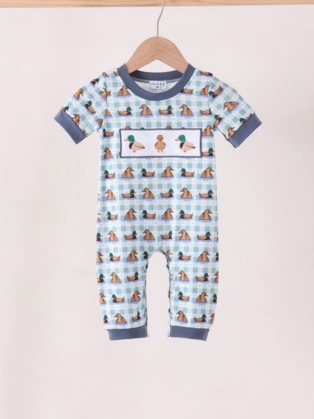 Blue Plaid Duck Print Baby One-Piece Bodysuit - Short Sleeve